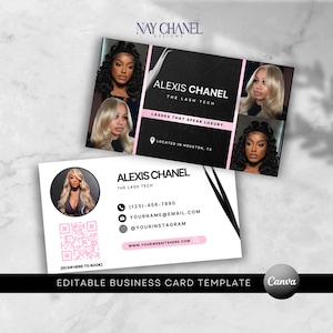 Peut inclure: Deux cartes de visite avec le texte "Alexis Chanel The Lash Tech". Les cartes présentent des images de femmes aux cheveux longs. Les cartes ont une palette de couleurs noire et rose et incluent des coordonnées et un code QR.