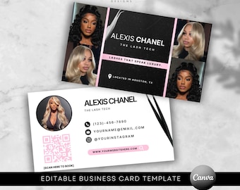 May include: Two business cards with the text "Alexis Chanel The Lash Tech". The cards feature images of women with long hair. The cards have a black and pink color scheme and include contact information and a QR code.