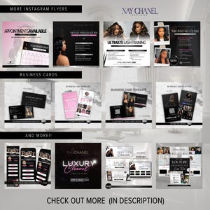 May include: A collage of images promoting beauty services and products. The images include flyers for lash training, wig installation classes, and brand ambassador opportunities. There are also images of business cards and a YouTube branding kit. The text on the images includes "Ultimate Lash Training", "Wig Install Class", "Brand Ambassadors", "Business Cards", "YouTube Branding Kit", and "Luxury Chanel Collection".