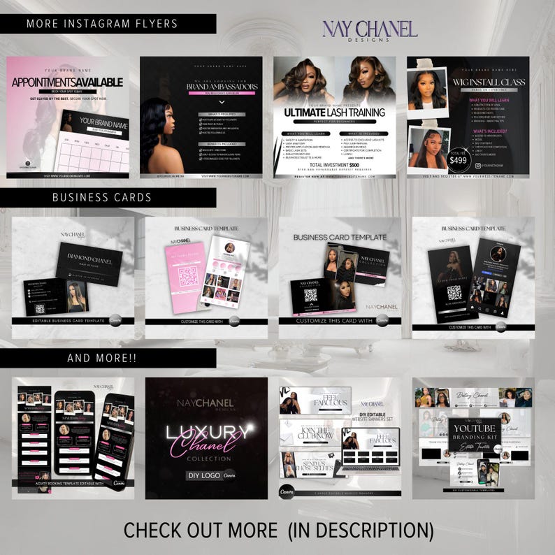 May include: A collage of images promoting beauty services and products. The images include flyers for lash training, wig installation classes, and brand ambassador opportunities. There are also images of business cards and a YouTube branding kit. The text on the images includes "Ultimate Lash Training", "Wig Install Class", "Brand Ambassadors", "Business Cards", "YouTube Branding Kit", and "Luxury Chanel Collection".