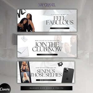 May include: Three social media banner designs with a white background and black text. The first banner features two women with long black hair and the text "It is our duty to help you feel fabulous". The second banner features three women with long black hair and the text "Want to stay up to date with us? Join the club now. Subscribe to the club". The third banner features two women with long blonde hair and the text "Show off with your look and send us those selfies. #yourinstagram".
