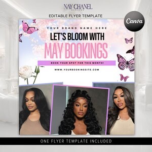 K&ouml;nnte beinhalten: Eine Flyer-Vorlage mit einem rosa und violetten Farbschema, das Schmetterlinge und Blumen zeigt. Der Text lautet "Let's Bloom with May Bookings" und "Buchen Sie Ihren Platz f&uuml;r diesen Monat!" mit einer Website-Adresse darunter. Der Flyer zeigt au&szlig;erdem drei Bilder von Frauen mit langen, dunklen Haaren.