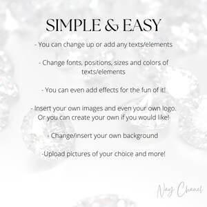May include: A white background with a diamond pattern and text that reads "SIMPLE & EASY". The text below lists several ways to customize a design, including changing fonts, adding effects, and uploading pictures.