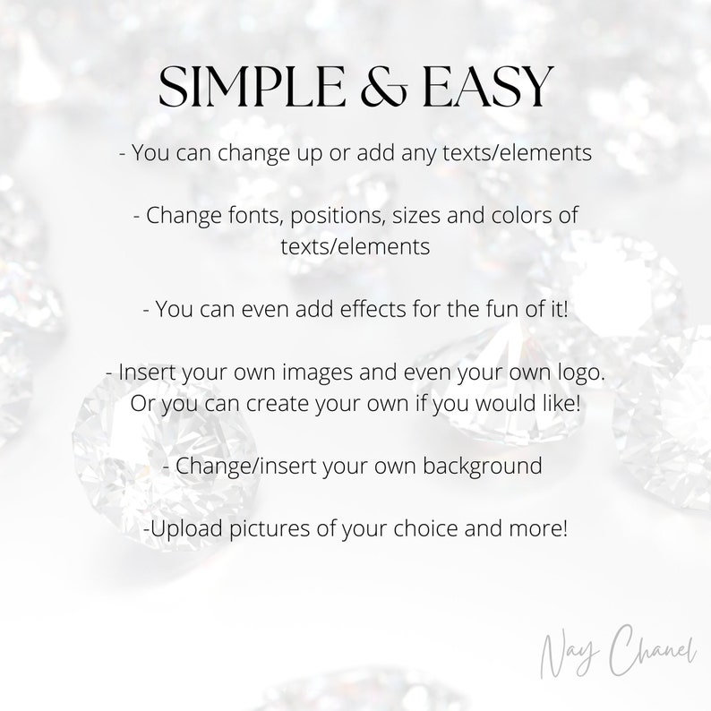 May include: A white background with a diamond pattern and text that reads "SIMPLE & EASY". The text below lists several ways to customize a design, including changing fonts, adding effects, and uploading pictures.