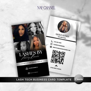 Puede incluir: Plantilla de tarjeta de visita en blanco y negro para una técnica de pestañas. La tarjeta presenta un collage de fotos, el texto "Lashes by Ashley Banks" e información de contacto. El diseño incluye un código QR para reservar.