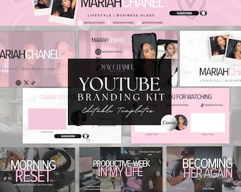 Różowy zestaw do brandingu YouTube z miniaturami – szablony banerów, intro i outro na YouTube