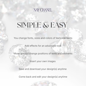 May include: A digital graphic featuring the text NAY CHANEL DESIGNS, SIMPLE & EASY, and a list of editing features including changing fonts, adding effects, moving elements, inserting images, and saving designs, set against a background of diamonds.