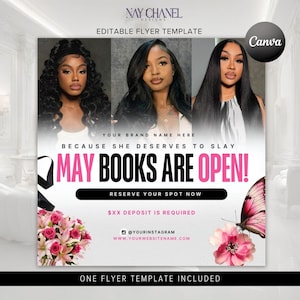 K&ouml;nnte beinhalten: Ein rosa-schwarzer Flyer mit dem Text "MAY BOOKS ARE OPEN!" und den Worten "YOUR BRAND NAME HERE" und "BECAUSE SHE DESERVES TO SLAY". Der Flyer enth&auml;lt auch eine Schmetterlingsgrafik, einen Strau&szlig; rosa Blumen und den Text "$XX DEPOSIT IS REQUIRED".