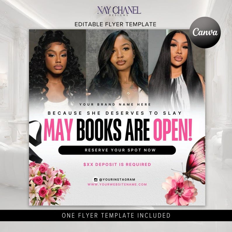 K&ouml;nnte beinhalten: Ein rosa-schwarzer Flyer mit dem Text "MAY BOOKS ARE OPEN!" und den Worten "YOUR BRAND NAME HERE" und "BECAUSE SHE DESERVES TO SLAY". Der Flyer enth&auml;lt auch eine Schmetterlingsgrafik, einen Strau&szlig; rosa Blumen und den Text "$XX DEPOSIT IS REQUIRED".