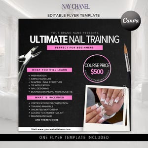 Pu&ograve; includere: Volantino in bianco e nero per Ultimate Nail Training. Il volantino include testo sul corso, una foto di unghie curate e un prezzo del corso di 500 &euro;. Il volantino include anche un tagliaunghie e un pennello.