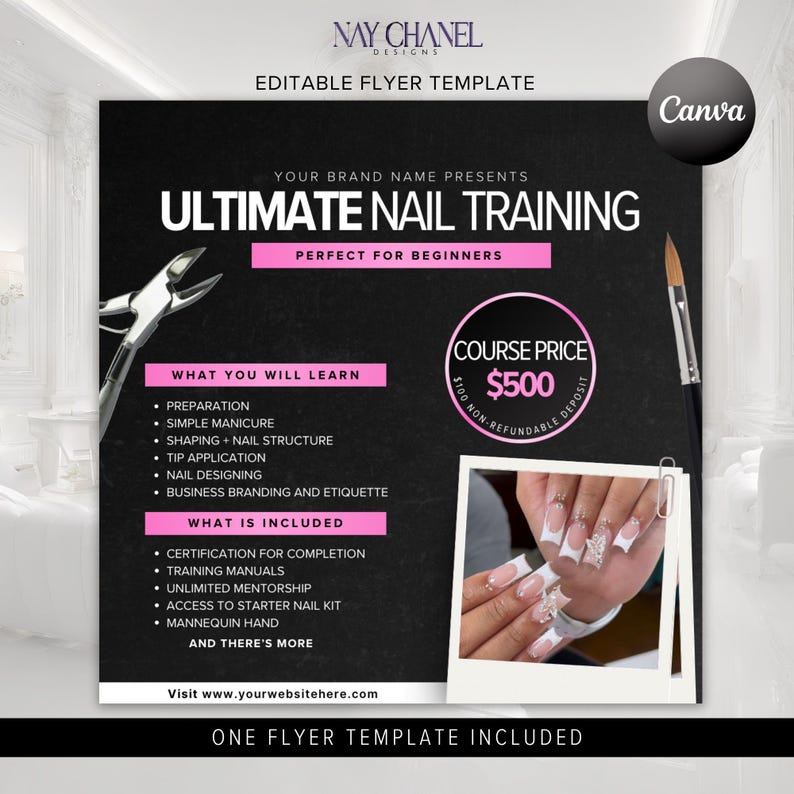 Pu&ograve; includere: Volantino in bianco e nero per Ultimate Nail Training. Il volantino include testo sul corso, una foto di unghie curate e un prezzo del corso di 500 &euro;. Il volantino include anche un tagliaunghie e un pennello.