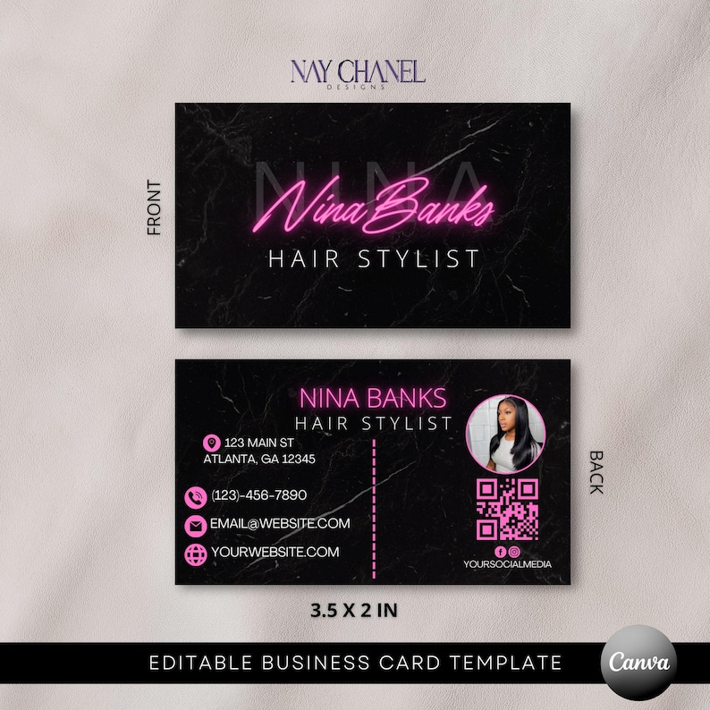 May include: Editable business card template for a hair stylist named Nina Banks. The front of the card features a black marble background with pink neon text. The back of the card has a black marble background with contact information, a QR code, and social media icons.