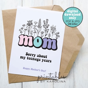 Mother's Day card printable funny greeting card for mom retro mother's day card pdf floral card printable for mom wildflowers card from teen