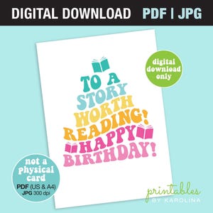 Cartão de aniversário moderno para impressão em PDF, cartão de aniversário para seu amante de livros, cartão para leitor ávido, cartão moderno para amigos, cartão de aniversário retrô para impressão