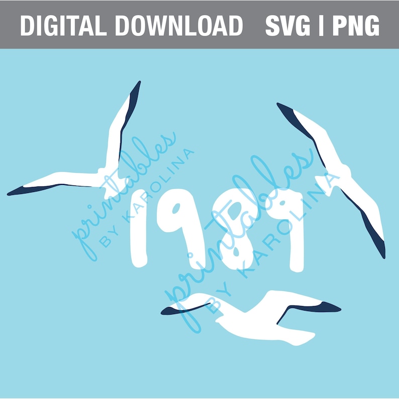 May include: A blue background with three white seagulls flying around the number 1981. The text "printables by karolina" is written in blue on the left and right sides of the image.