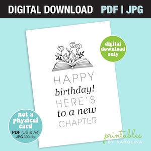 Birthday card book lover printable minimalistic birthday card for reader new chapter birthday card with floral book trendy card bookish gift
