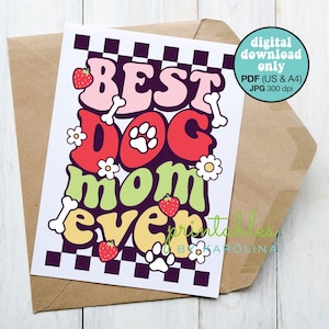 Cartão de mãe de cachorro imprimível cartão de felicitações moderno para cartão de dia das mães para dono de cachorro mamãe de cachorro pdf cartão de aniversário retrô morango design digital