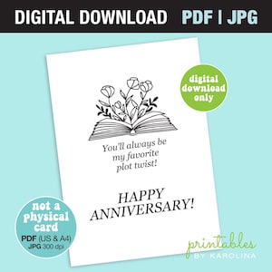 Biglietto d'auguri per anniversario stampabile in formato PDF, biglietto libresco per marito, biglietto d'auguri per amante dei libri per moglie, biglietto d'amore letterario romantico per fidanzata in formato PDF.