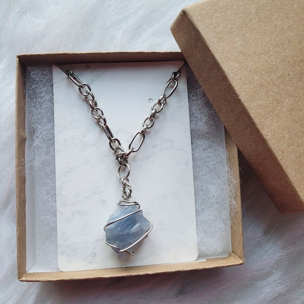 Raw Genuine Blue Calcite Necklace | Sterling Silver and Stainless Steel | Intuition and Self-Expression