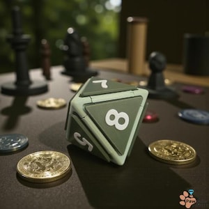 May include: A green and white geometric die with the number 8 prominently displayed. The die is surrounded by gold coins and other game pieces on a dark surface. The scene suggests a tabletop game.