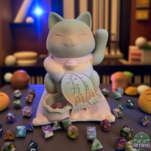May include: A light green Maneki-neko cat statue with a raised paw, holding a coin and a bag of dice. The statue is surrounded by various colorful polyhedral dice. The text "千万両" is visible on the coin.