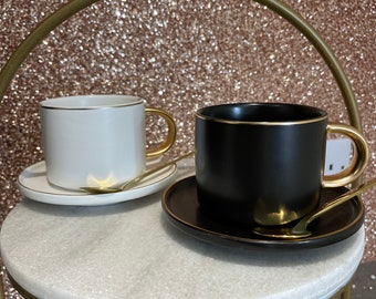 Ceramic Mug white/green/black with gold accents - includes saucer and spoon