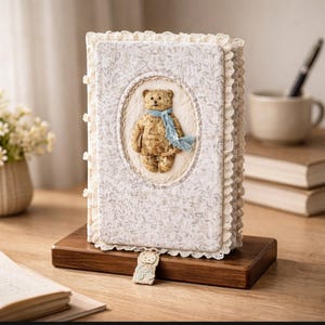 May include: A handmade journal featuring a teddy bear applique on the cover. The cover is light-coloured with a floral pattern and lace trim. The teddy bear wears a blue scarf. The journal is on a wooden stand.