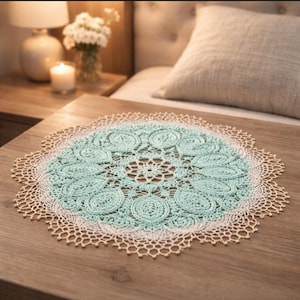 Hand-Crocheted Mint Turquoise Doily, Round Lace Table Runner, Cottagecore Home Decor