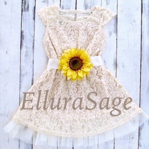 Flower Girl Dress, Ivory Flower Girl Dress, Sunflower Flower Girl Dress. Rustic Flower Girl Dress Ivory Lace Dress, Country Wedding