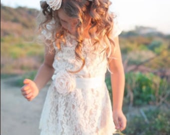 Flower girl dress, lace flower girl dress, rustic flower girl dress, ivory flower girl dress, lace baby dress, country flower girl dress