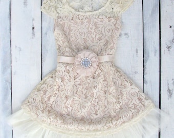 Lace Flower Girl Dress, Rustic lace flower girl dress, Champagne Lace Flower Girl Dress, country lace baby dress, ivory lace girls dress