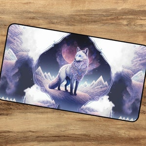 May include: A white wolf with blue eyes stands on a snowy mountain peak. The wolf is surrounded by a purple and blue nebula with a pink moon in the background. The image is framed with a decorative border.