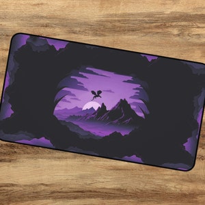 May include: A purple and black landscape with a silhouette of a dragon flying over a mountain range. The scene is framed by a dark, shadowy opening.