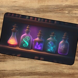 May include: Five glass bottles with glowing, colorful liquid inside, sitting on a wooden shelf. The bottles have cork stoppers and are arranged in a row. The liquid in the bottles glows with different colors, including green, purple, and blue.