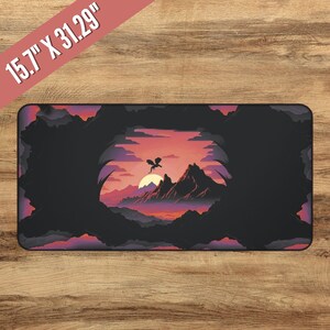 May include: A black and purple mountain landscape with a silhouette of a dragon flying over a setting sun. The scene is framed by a dark cave opening.