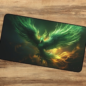 May include: A green phoenix with yellow flames rising from its wings. The phoenix is set against a dark background.