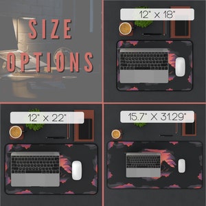 May include: Four different sizes of a desk mat with a mountain and sunset design. The sizes are 12" x 18", 12" x 22", 15.7" x 31.29".