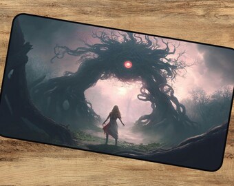 May include: A woman in a white dress stands in a dark forest, facing a large, shadowy tree with a glowing red eye. The tree's branches are twisted and gnarled, creating a menacing atmosphere.