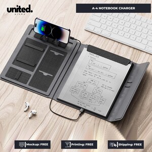 May include: A gray A-4 notebook charger with a smartphone charging on top. The notebook has a built-in phone stand, multiple pockets, and a notepad with handwritten notes. The text "A-4 NOTEBOOK CHARGER" is visible.