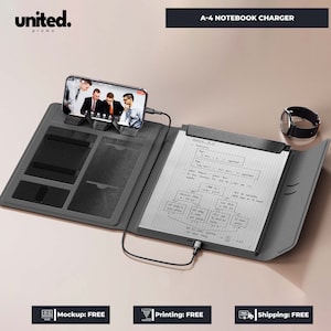 May include: A gray A-4 notebook charger with a smartphone displaying a video call. The notebook has a built-in stand, pockets, and a notepad with handwritten notes. A watch is visible on the side.