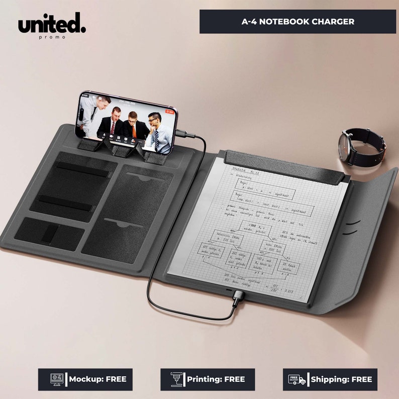 May include: A gray A-4 notebook charger with a smartphone displaying a video call. The notebook has a built-in stand, pockets, and a notepad with handwritten notes. A watch is visible on the side.