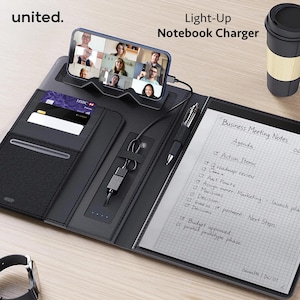 Personalized Letter Size 5000mAh Light Up Smart Portfolio, Charging Notebook with Phone Stand, Card Organizer, Custom Company Executive Gift