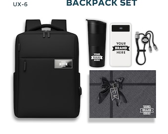 Personalized Company Logo Backpack Gift Set, Custom Company Logo Holiday Gift Backpack Set, Custom Backpack and Portable Charger Gift Set