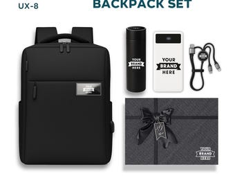 Personalized Company Logo Backpack Gift Set, Custom Company Logo Holiday Gift Backpack Set, Custom Backpack and Portable Charger Gift Set