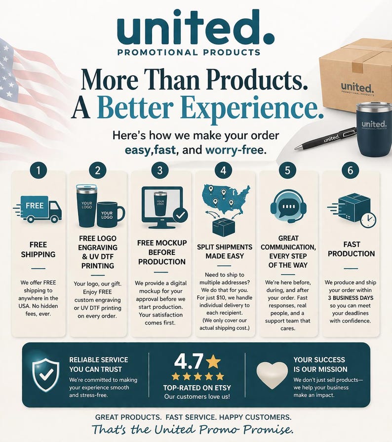 May include: Promotional products advertisement with the "united." logo. The graphic highlights free shipping, logo engraving, mockups, split shipments, communication, and fast production. Includes a 4.7-star Etsy rating and a promise of reliable service.