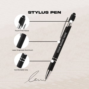 May include: Black stylus pen with a touch-free stylus, laser-engraved aluminum, and a comfortable grip. The pen has a silver clip and tip, with the text "YOUR BRAND HERE" printed on the barrel. The image also shows the text "STYLUS PEN".