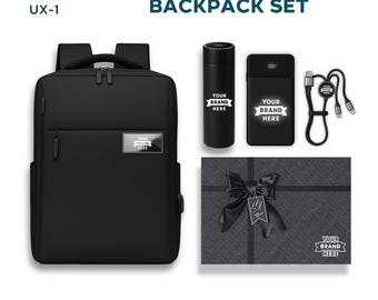 Personalized Company Logo Backpack Gift Set, Custom Company Logo Holiday Gift Backpack Set, Custom Backpack and Portable Charger Gift Set