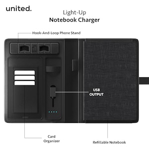 Custom 5000mAh Light Up Smart Portfolio, Vegan Leather Charging Notebook with Phone Stand, Card Organizer, Company Logo Executive Gift