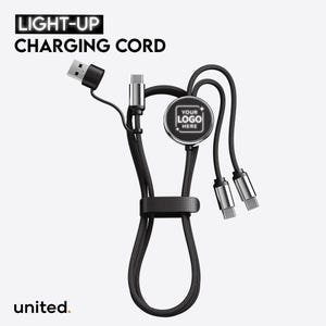 Custom Logo 4ft Light-Up Charging Cable, Dual USB-C Outputs with USB-A and USB-C Inputs, Branded Company Swag, Bulk Staff and Client Gift