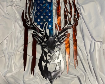 May include: Metal wall art featuring a deer head silhouette with antlers, superimposed on an American flag design. The flag is distressed and has a rustic look. The deer head is black and silver, while the flag is red, white, and blue.
